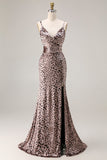 Golden Leopard Mermaid Spaghetti Straps Long Prom Dress with Slit