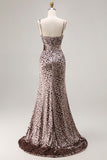 Golden Leopard Mermaid Spaghetti Straps Long Prom Dress with Slit