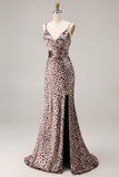 Golden Leopard Mermaid Spaghetti Straps Long Prom Dress with Slit