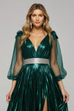 Sparkly Dark Green A Line Metallic V-Neck Holiday Party Dress With Slit