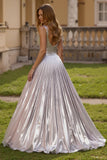 Sparkly Silver A Line Metallic V-Neck Long Holiday Party Dress