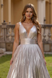 Sparkly Silver A Line Metallic V-Neck Long Holiday Party Dress