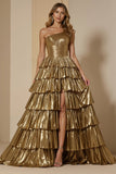 Sparkly Golden Metallic Tiered Long Holiday Party Dress With Ruffles