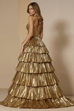 Sparkly Golden Metallic Tiered Long Holiday Party Dress With Ruffles