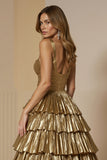 Sparkly Golden Metallic Tiered Long Holiday Party Dress With Ruffles