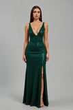 Sparkly Dark Green Mermaid V-Neck Long Holiday Party Dress With Slit