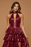 Sparkly Burgundy Metallic Halter Tiered Ruffled Long Holiday Party Dress With Slit
