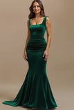 Dark Green Velvet Mermaid Square Neck Long Holiday Party Dress