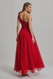 Red Floral A Line One Shoulder Long Holiday Party Dress