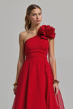 Red Floral A Line One Shoulder Long Holiday Party Dress