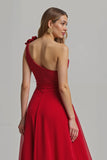 Red Floral A Line One Shoulder Long Holiday Party Dress