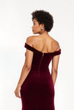 Burgundy Velvet Sheath Off The Shoulder Long Holiday Party Dress With Slit