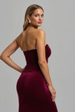 Strapless Burgundy Sheath Long Holiday Dress With Slit
