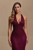 Halter Burgundy Mermaid Sequin Long Holiday Dress