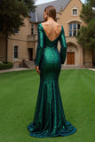 Dark Green Mermaid Long Sleeve Sequin Holiday Dress
