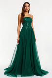 Dark Green Strapless A Line Sequin Long Holiday Dress