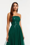 Dark Green Strapless A Line Sequin Long Holiday Dress