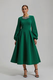 Dark Green A Line Long Sleeve Satin Beaded Holiday Dress