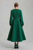 Dark Green A Line Long Sleeve Satin Beaded Holiday Dress