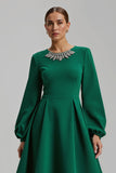 Dark Green A Line Long Sleeve Satin Beaded Holiday Dress
