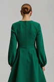 Dark Green A Line Long Sleeve Satin Beaded Holiday Dress