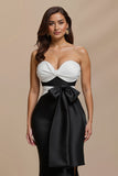 Black White Strapless Ruched Mermaid Holiday Dress
