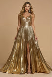 Metallic Golden V Neck Pleated A Line Holiday Dress With Slit
