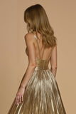 Metallic Golden V Neck Pleated A Line Holiday Dress With Slit