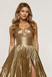 Golden Metallic Pleated A Line Long Holiday Dress