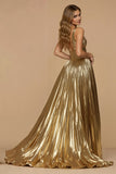 V Neck Golden Metallic Pleated A Line Holiday Dress