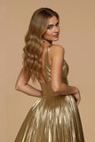 V Neck Golden Metallic Pleated A Line Holiday Dress