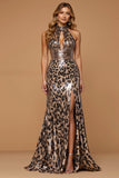Golden Leopard Metallic Mermaid Halter Prom Dress