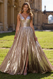 Golden A Line Metallic Pleated Prom Dress With Slit