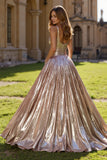 Golden A Line Metallic Pleated Prom Dress With Slit