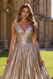 Golden A Line Metallic Pleated Prom Dress With Slit