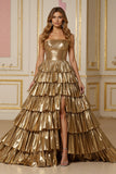 Golden Tiered A Line Metallic Strapless Prom Dress