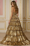 Golden Tiered A Line Metallic Strapless Prom Dress