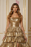 Golden Tiered A Line Metallic Strapless Prom Dress