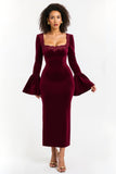 Burgundy Square Neck Sheath Lace Long Formal Dress