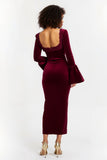 Burgundy Square Neck Sheath Lace Long Formal Dress