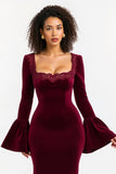 Burgundy Square Neck Sheath Lace Long Formal Dress