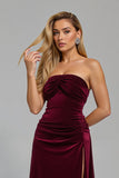 Burgundy Strapless Sheath Ruched Formal Dress