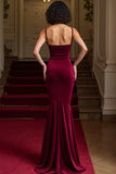 Burgundy V Neck Mermaid Sleeveless Long Holiday Dress