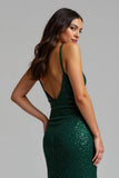 Sparkly Dark Green Sheath Long Holiday Dress With Slit