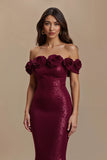 Burgundy Mermaid Off The Shoulder Holiday Dress with 3D Flowers