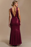 Burgundy Cowl Neck Sheath Sequin Long Holiday Dress