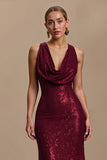 Burgundy Cowl Neck Sheath Sequin Long Holiday Dress