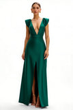 Dark Green Satin Deep V Neck Sheath Holiday Dress