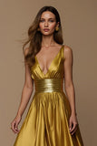Golden Metallic Satin Deep V Neck A Line Holiday Dress