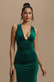Dark Green Long V-Neck Holiday Party Dress With Slit
